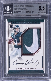 2016 Panini National Treasures "Rookie Patch Autographs" Red #102 Carson Wentz Signed Patch Rookie Card (#2/2) - BGS NM-MT+ 8.5/BGS 10